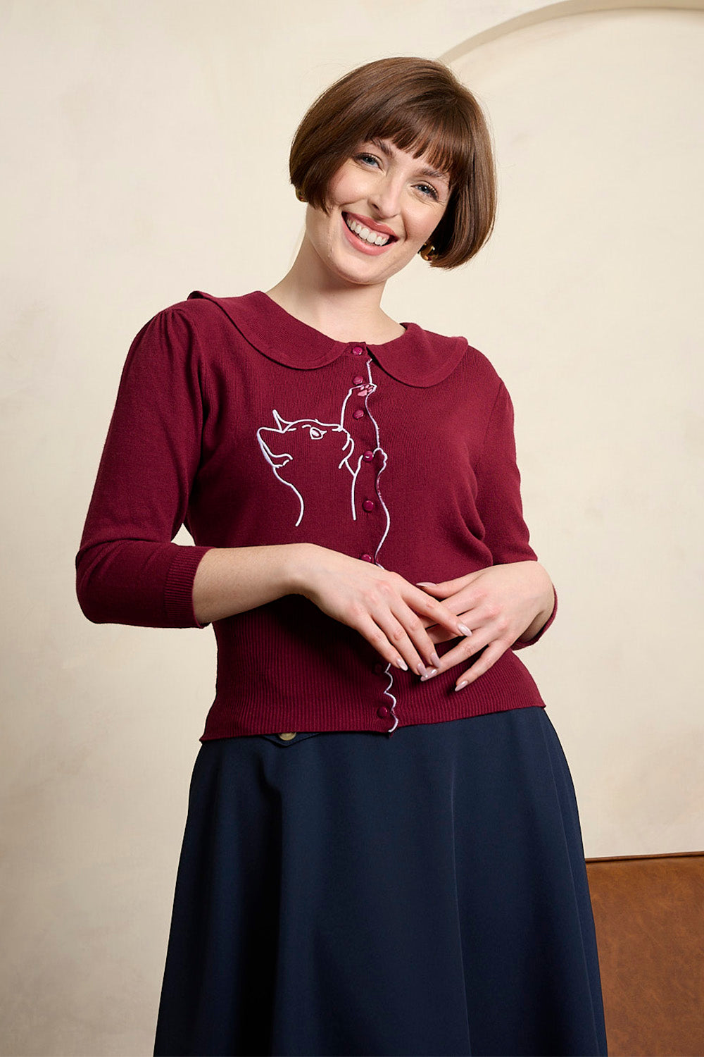 Banned Retro Cardigan mit gewelltem Kragen und Katzenmotiv