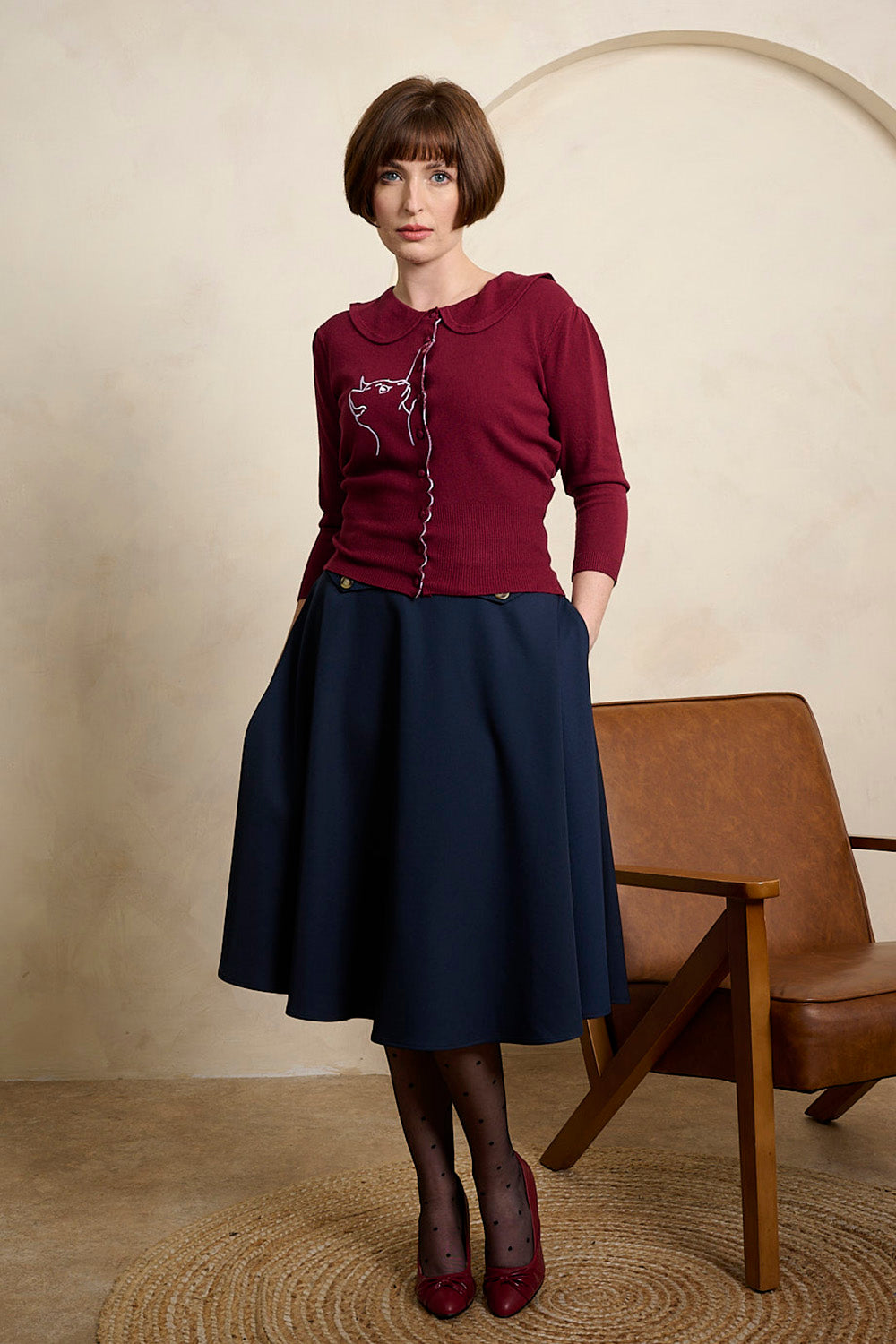 Banned Retro Cardigan mit gewelltem Kragen und Katzenmotiv