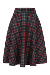 BANNED RETRO BOOK CLUB PLAID Swing Skirt With Button And Flap Details.-Navy