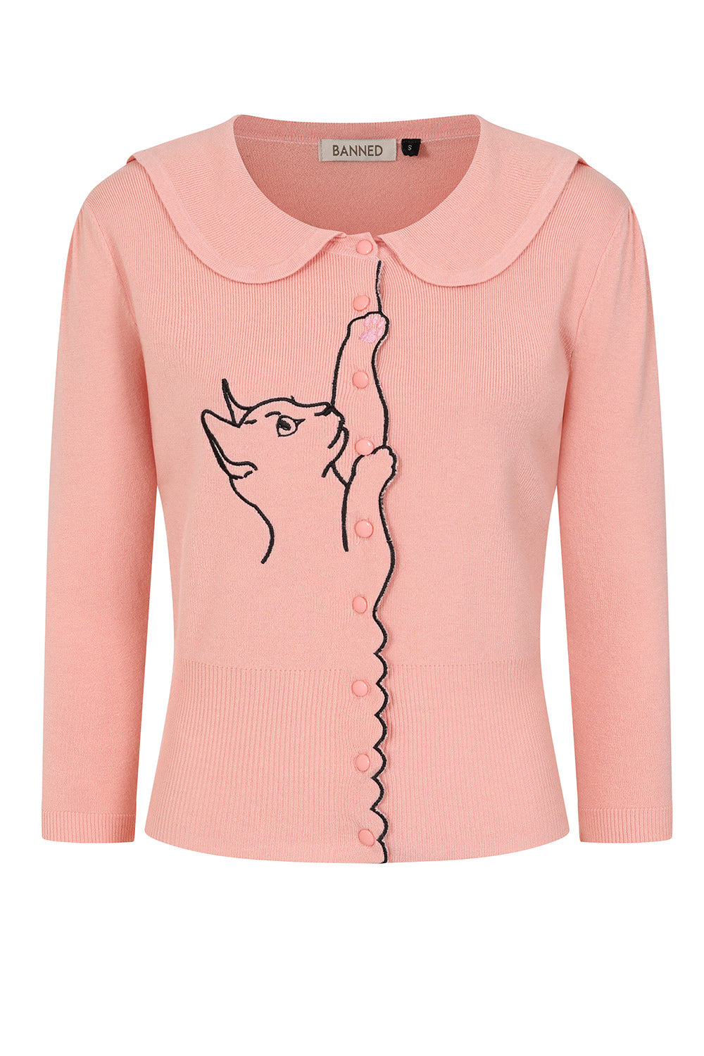 Banned Retro Cardigan mit gewelltem Kragen und Katzenmotiv