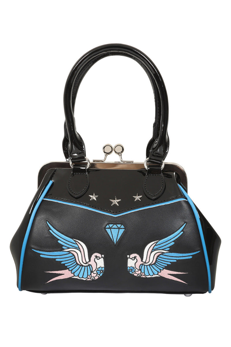 BANNED The Swallows Return Lacquer Handbag | Rockabilly Embroidered Style-Black-One Size-EU