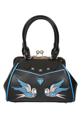 BANNED The Swallows Return Lacquer Handbag | Rockabilly Embroidered Style-Black-One Size-EU