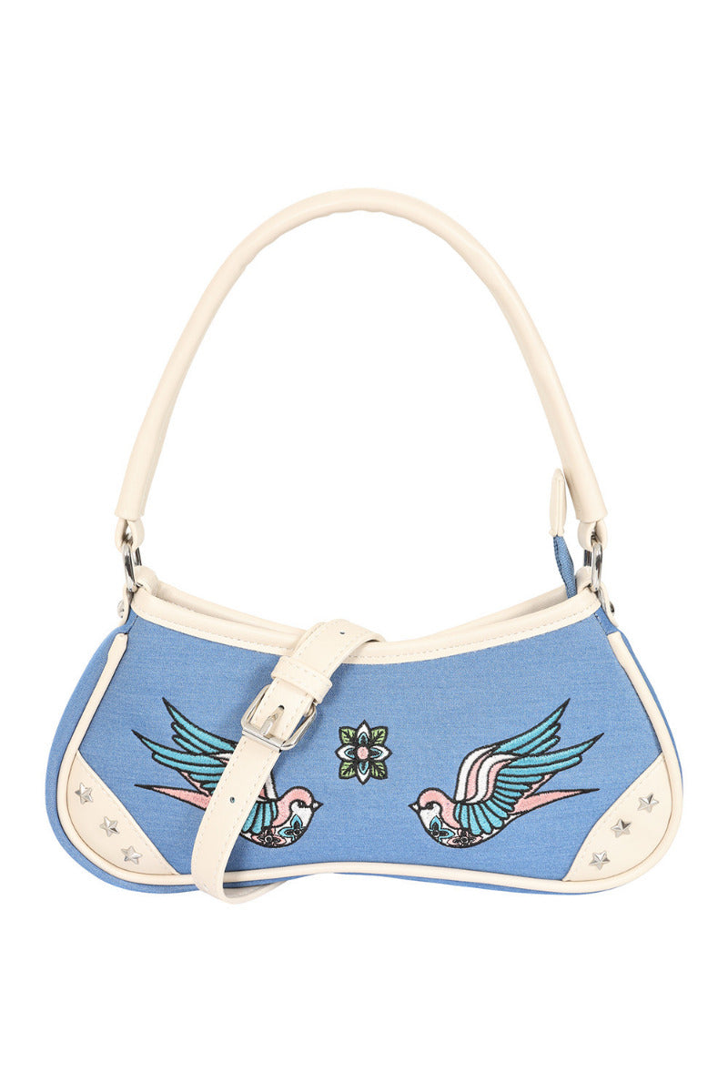 BANNED Marilou Swallow Denim Handbag | Rockabilly Embroidered Style-Blue-One Size-EU