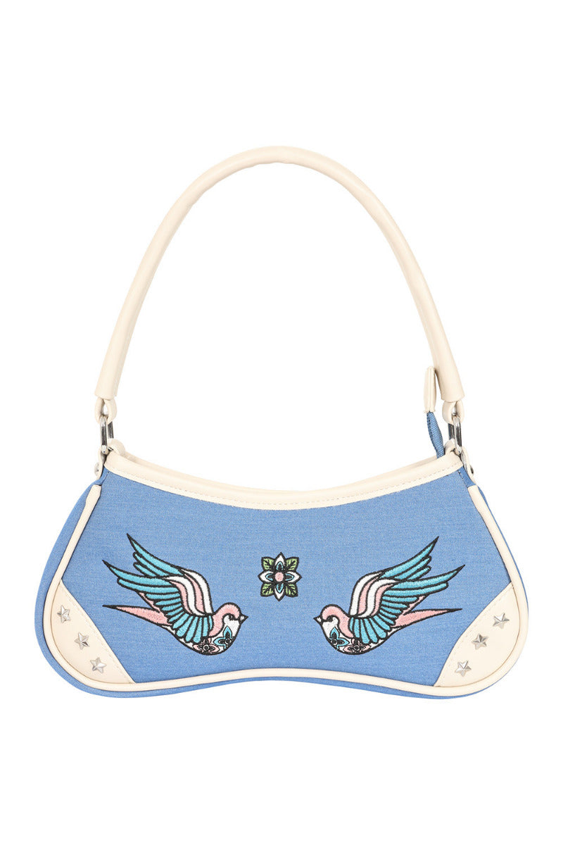 BANNED Marilou Swallow Denim Handbag | Rockabilly Embroidered Style-Blue-One Size-EU