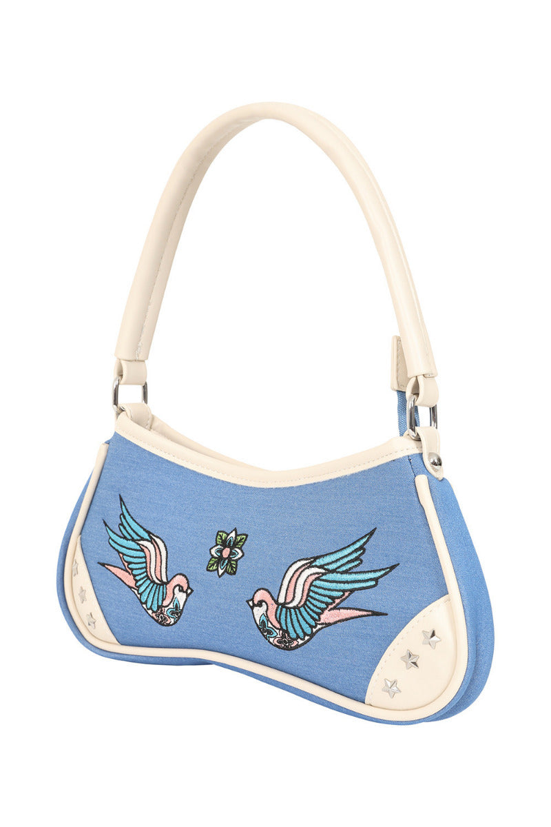 BANNED Marilou Swallow Denim Handbag | Rockabilly Embroidered Style-Blue-One Size-EU