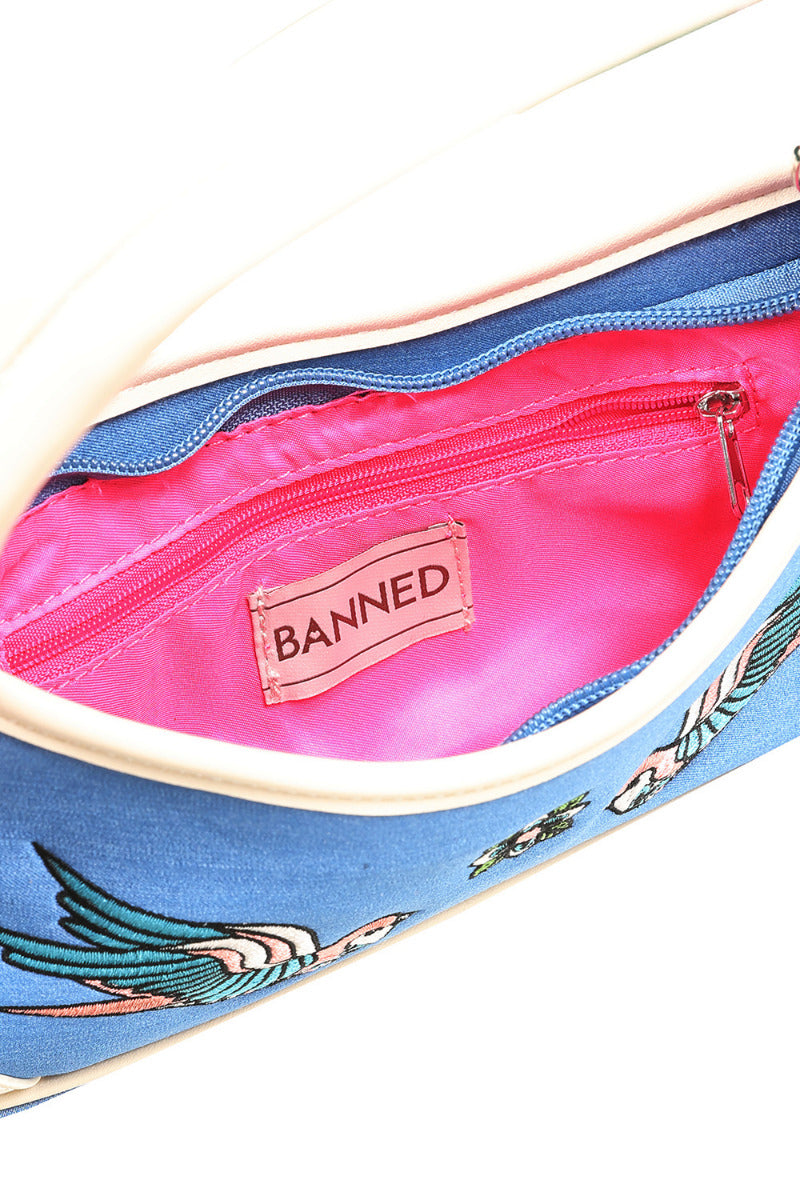 BANNED Marilou Swallow Denim Handbag | Rockabilly Embroidered Style-Blue-One Size-EU