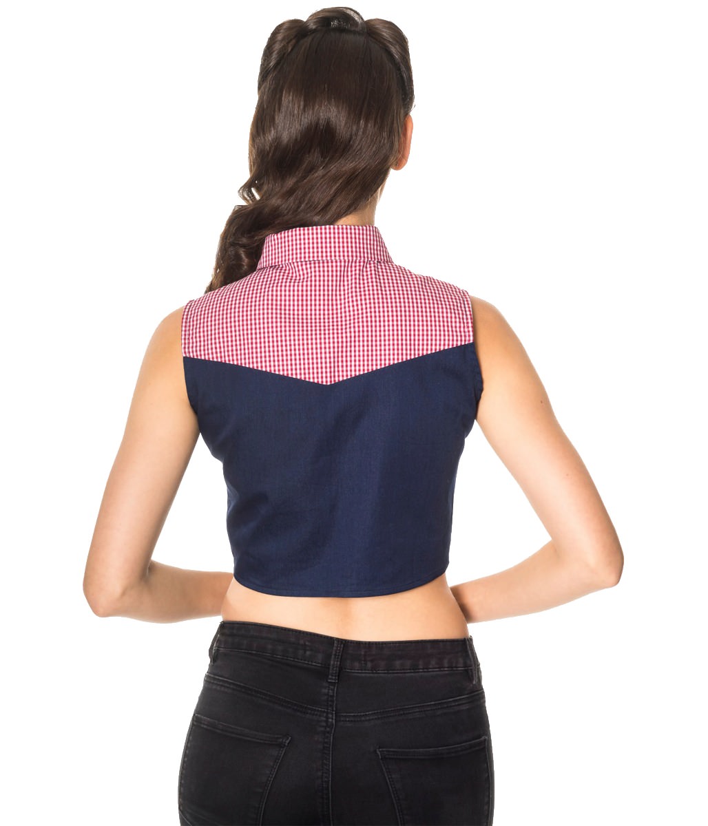Banned Retro 1950's  J'adore Tie Up Crop Gingham Check Denim Blouse Navy