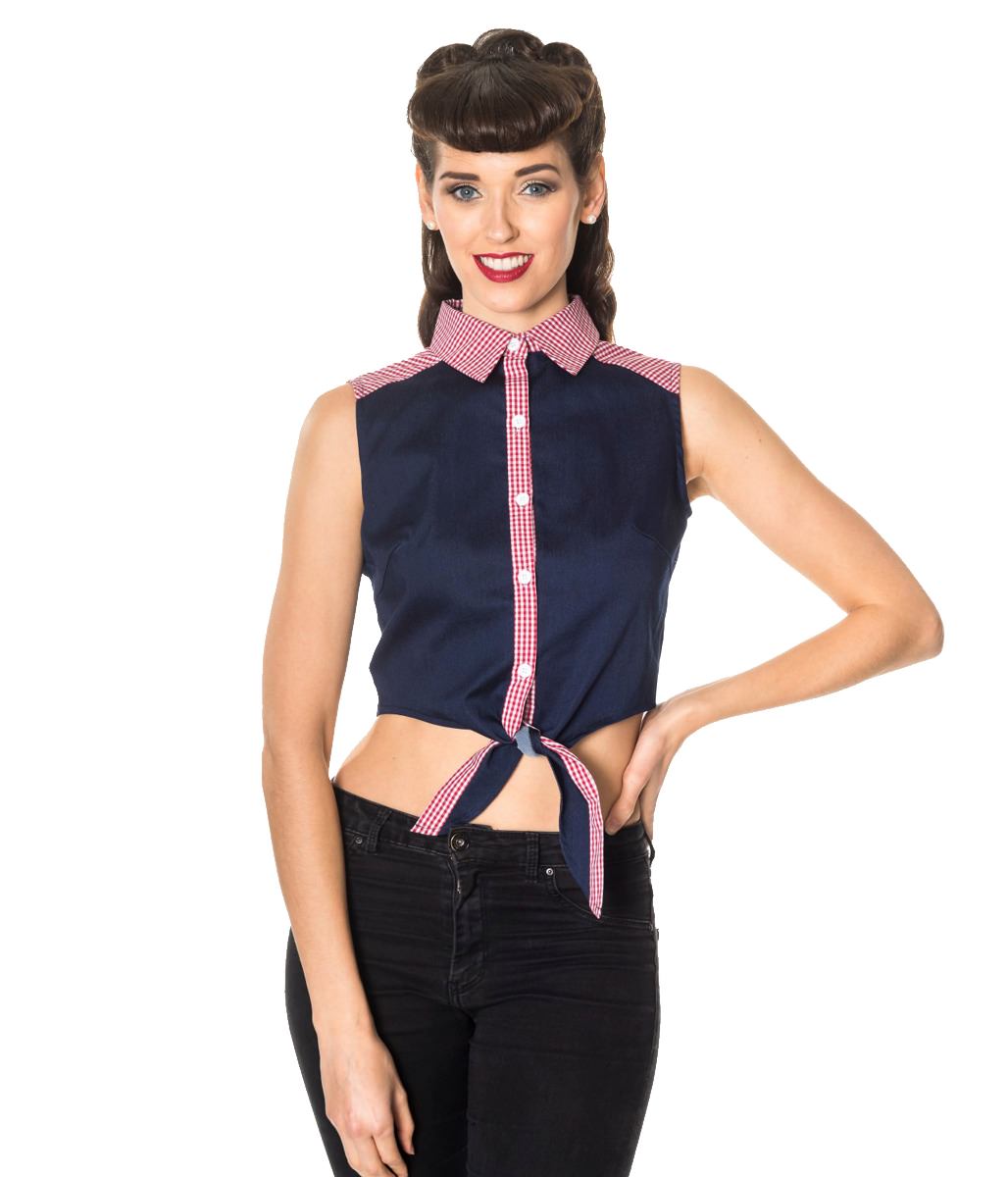 Banned Retro 1950's  J'adore Tie Up Crop Gingham Check Denim Blouse Navy