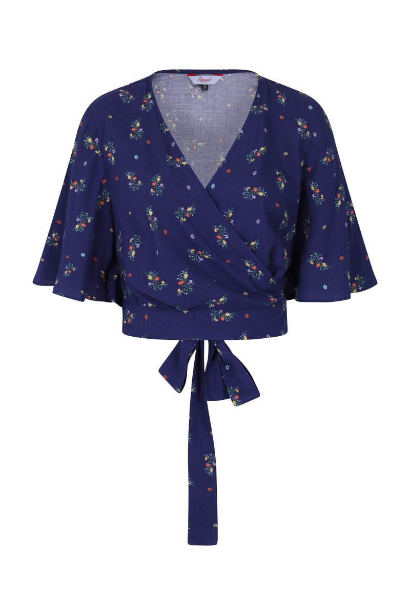 Banned Retro Spring Sprig Wrap Crop Top Vintage Floral Blouse Navy