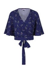 Banned Retro Spring Sprig Wrap Crop Top Vintage Floral Blouse Navy