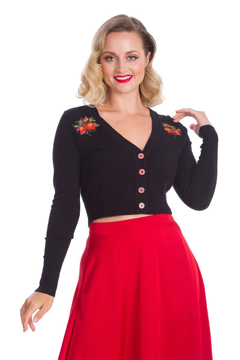 Banned Retro 1950's Strawberry Fields Black Crop Cardigan