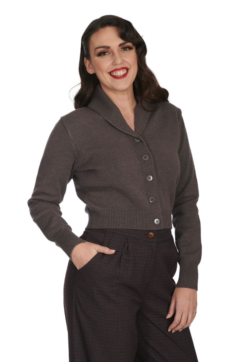 Banned Violet 40s/50s Crop Cardigan - Retro Style Shawl Collar Button-Up