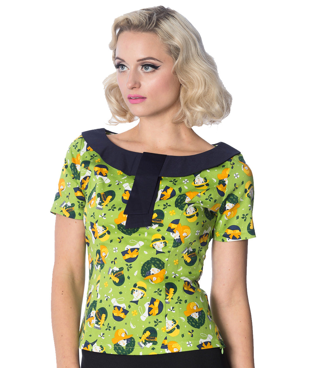 Banned Retro 20's Vintage Hat Art Deco Print Top Green