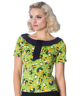Banned Retro 20's Vintage Hat Art Deco Print Top Green