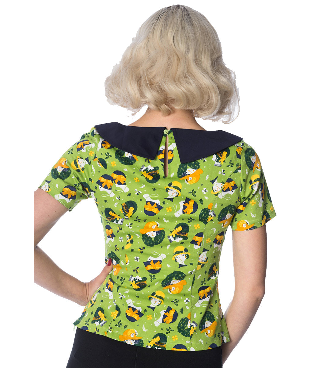 Banned Retro 20's Vintage Hat Art Deco Print Top Green