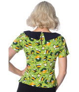Banned Retro 20's Vintage Hat Art Deco Print Top Green