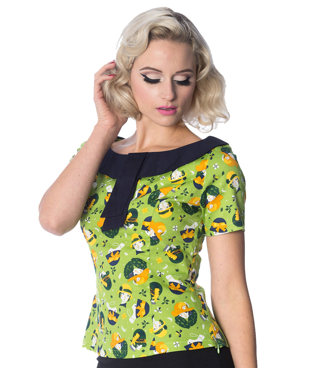 Banned Retro 20's Vintage Hat Art Deco Print Top Green