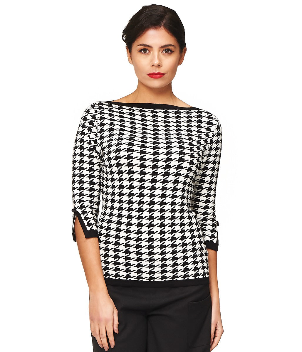 Banned Retro 1950's Izzy Houndstooth Knit Vintage Dorothy Top Black White