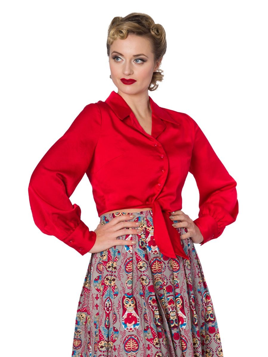 Banned Retro 1950's Suave Tie Up Puff Sleeve Blouse Red